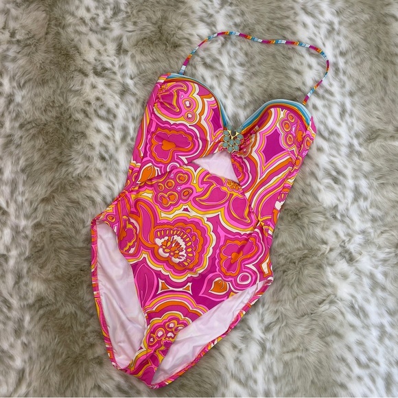 Trina Turk Pink and Yellow One Piece Swimsuit with Retro Paisley Design - Picture 4 of 8